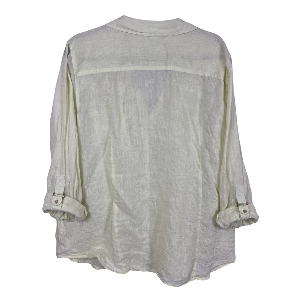 Chicos XL 100% Linen Button Down Shirt Pale Yellow Roll Tab Sleeve (P716)‎